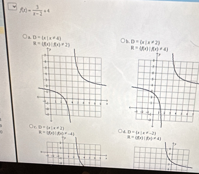 f(x)= 3/x-2 +4
a. D= x|x!= 4 b. D= x|x!= 2
R= f(x)|f(x)!= 2
R= f(x)|f(x)!= 4
9
c. D= x|x!= 2 D= x|x!= -2
R= f(x)|f(x)!= -4
d.
R= f(x)|f(x)!= 4
2
y
1
0
7
-3 -3 1 1 Y 4 *

-2
5
4