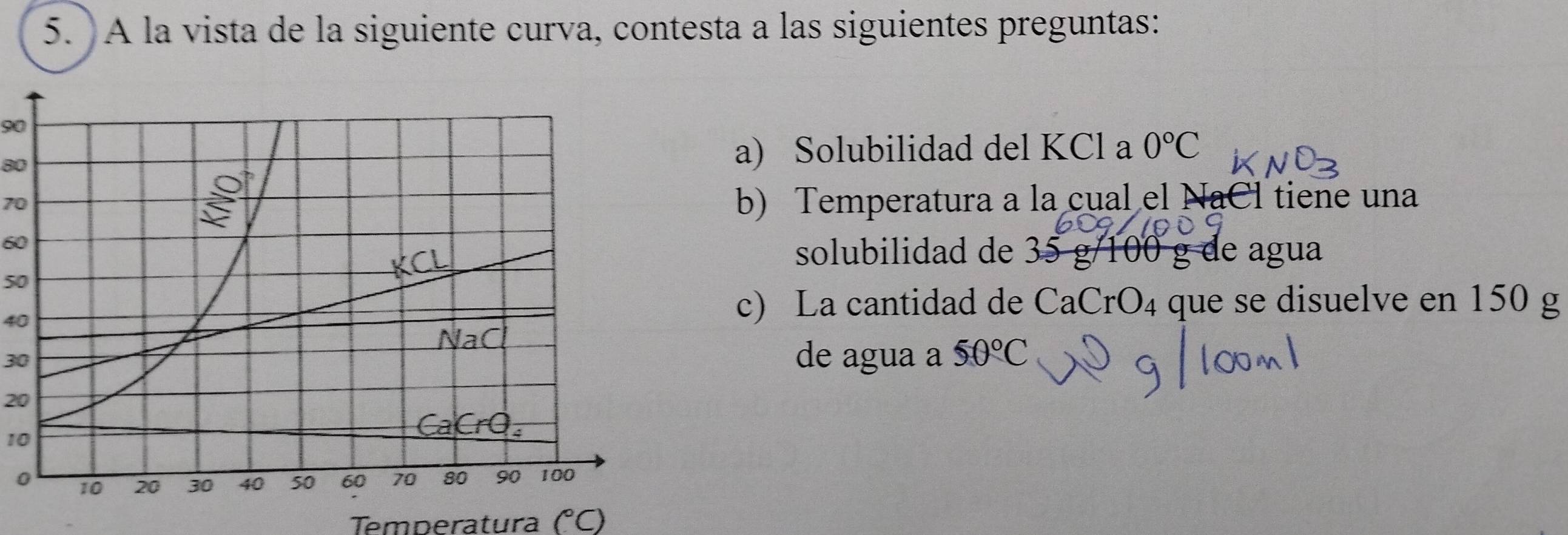 A la vista de la siguiente curva, contesta a las siguientes preguntas:
90
80
a) Solubilidad del KCl a 0°C
70
b) Temperatura a la cual el NaCl tiene una
60
solubilidad de 35 g/100 g de agua
50
40
c) La cantidad de CaCr( ) 4 que se disuelve en 150 g
30
de agua a 50°C
20
10
0
Temperatura (°C)