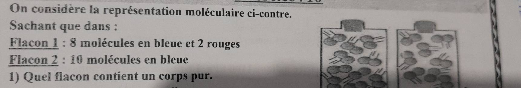 On considère la représentation moléculaire ci-contre. 
Sachant que dans : 
Flacon 1 : 8 molécules en bleue et 2 rouges 
Flacon 2 : 10 molécules en bleue 
1) Quel flacon contient un corps pur.