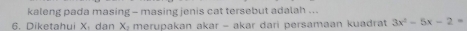 kaleng pada masing - masing jenis cat tersebut adalah ... 
6. Diketahui X : dan X : merupakan akar - akar dari persamaan kuadrat 3x^2-5x-2=