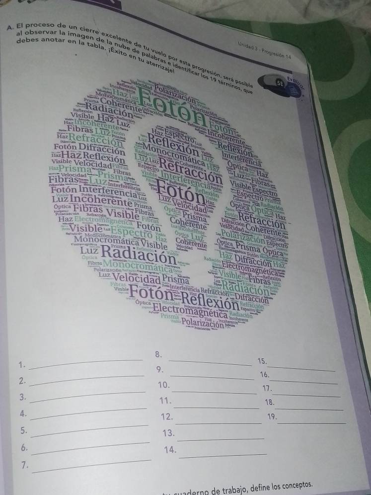 Unidad 3 - Progresión 14
A. El proceso de un cierre excelente de tu vuelo por esta progresión, será posiba SE
debes anotar en la tabla. ¡Éxito en tu aterrizaje
al observar la imagen de la nube de palabras e identificar los 19 términos, qe
Evoluo
tcoleenie Reflction
==  le  eãa ===
Polocidaa Polarización 
azllazi
ea  Polzacción al to  Polarización.
m     Coherente Poaión 
Radiación
aorma   C    O El Foto
Inconerente=
Fibras Luz Haz Espectro
*' '  Incoherente Reflexión
Fotón Difracción
=Refracción Reflexión Interferência Óptica  Haz
=Haz Reflexión  Refracción
Visible Velocidad ibla Fíbras Visible
''''Prisma Prism''
Monocromática   ==Luz  =Fibras== Visible Espectro Espectro Prism
Especão Interferenciárção
Fotón Interferencia 
IDIdS   Interferencia Fotón Luz Velócidad Oplica Prisma
Cabscna   e Vadiación
Lüz Incöherente Prisma = Fíbras
Óptica Óptica Haz
pe rzación
Ópuca Fibras Visible Fibms Coherente Velocidad
Enn Refracción
Difracción Coherente
Haz Electromagnética Fotón ovga Luz Coherente Óptica Prisma Óptica Pesa Potón
E Polarización Espectro
Qutes
Haz Difracción Haz
1z Radiación Electromagnética
Polanización 
Fbr=Monocromática= * Visible= Fibras =Radiación
L  Velocidad Eristiraccia Refracción Difracción
Fotón Reflexión
o '  Electromagnética        ón  
* Prisma l as  incoberen
Polarización
_
_
8.
1.
15.
_
9. _16.
_
_
_
_
2. 10. 17 .
_
_
_
3. 11. 18.
_
_
_
4.
12. 19.
_
_
5.
13.
6.
_
14._
1.
er o    rabajo  define los conceptos.