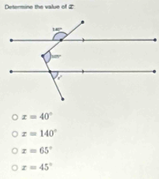 Determine the value of T
x=40°
x=140°
x=65°
x=45°