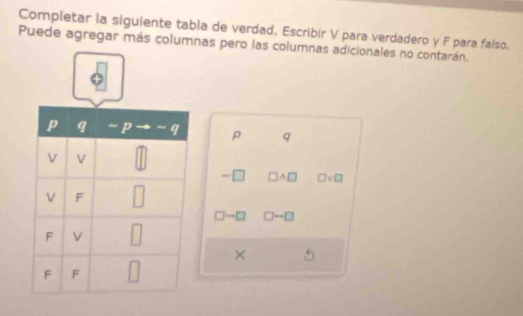 Completar la siguiente tabla de verdad, Escribir V para verdadero y F para falso.
Puede agregar más columnas pero las columnas adicionales no contarán.
P q
□ A□ □ vee □
□ -□ □ rightarrow □
×