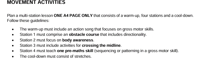 Solved: MOVEMENT ACTIVITIES Plan a multi-station lesson ONE A4 PAGE ...
