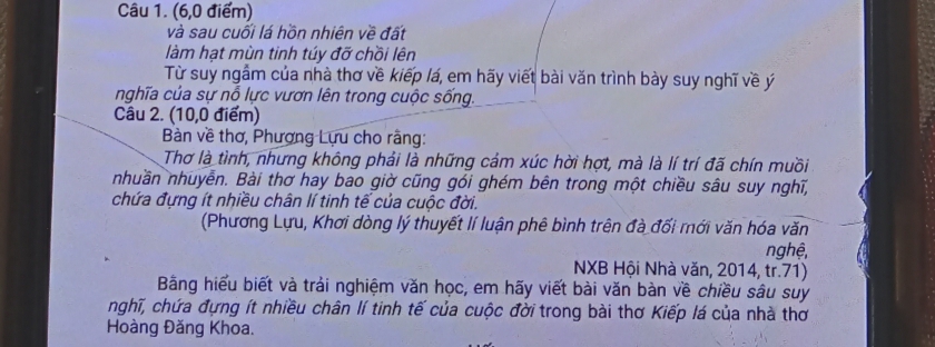 (6,0 điểm) 
và sau cuối lá hồn nhiên về đất 
làm hạt mùn tinh túy đỡ chồi lên 
Từ suy ngầm của nhà thơ về kiếp lá, em hãy viết bài văn trình bày suy nghĩ về ý 
nghĩa của sự nỗ lực vươn lên trong cuộc sống. 
Câu 2. (10,0 điểm) 
Bàn về thơ, Phương Lựu cho rằng: 
Thơ là tình, nhưng không phải là những cảm xúc hời hợt, mà là lí trí đã chín muồi 
nhuần nhuyễn. Bài thơ hay bao giờ cũng gói ghém bên trong một chiều sâu suy nghĩ, 
chứa đựng ít nhiều chân lí tinh tế của cuộc đời. 
(Phương Lựu, Khơi dòng lý thuyết lí luận phê bình trên đà đối mới văn hóa văn 
nghệ, 
NXB Hội Nhà văn, 2014, tr. 71) 
Bằng hiểu biết và trải nghiệm văn học, em hãy viết bài văn bàn về chiều sâu suy 
nghĩ, chứa đựng ít nhiều chân lí tinh tế của cuộc đời trong bài thơ Kiếp lá của nhà thơ 
Hoàng Đăng Khoa.