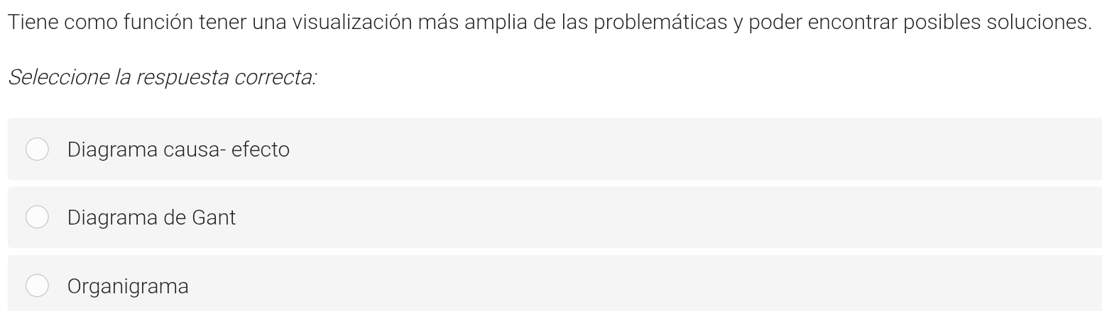 Tiene como función tener una visualización más amplia de las problemáticas y poder encontrar posibles soluciones.
Seleccione la respuesta correcta:
Diagrama causa- efecto
Diagrama de Gant
Organigrama