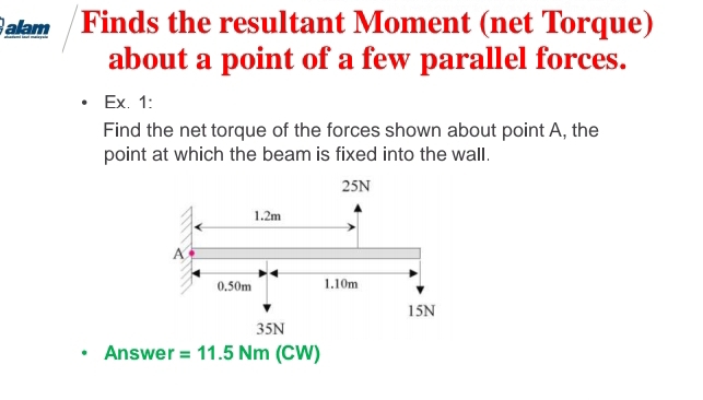 alam Finds the resultant Moment (net Torque) 
about a point of a few parallel forces. 
Ex. 1: 
Find the net torque of the forces shown about point A, the 
point at which the beam is fixed into the wall. 
Answer =11.5Nm(CW)