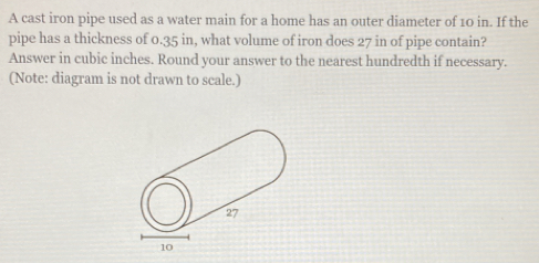 A cast iron pipe used as a water main for a home has an outer diameter of 10 in. If the 
pipe has a thickness of 0.35 in, what volume of iron does 27 in of pipe contain? 
Answer in cubic inches. Round your answer to the nearest hundredth if necessary. 
(Note: diagram is not drawn to scale.)