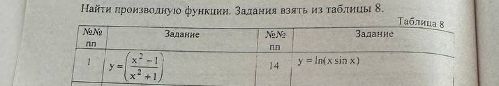 Найти πроизводнуюо функциие задания взять из τаблицы 8.
Τа