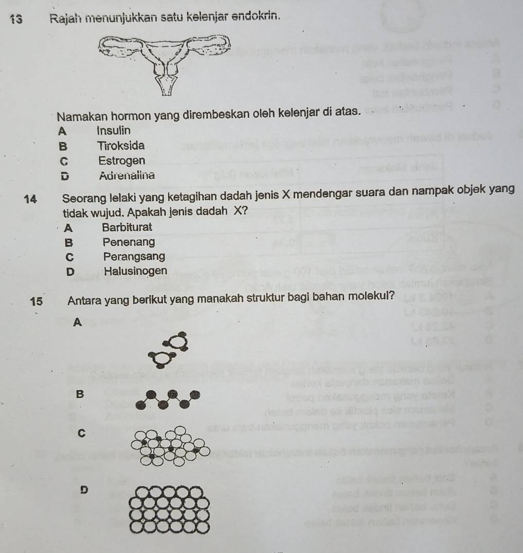 Rajah menunjukkan satu kelenjar endokrin.
Namakan hormon yang dirembeskan oleh kelenjar di atas.
A Insulin
B Tiroksida
C Estrogen
D Adrenalina
14 Seorang lelaki yang ketagihan dadah jenis X mendengar suara dan nampak objek yang
tidak wujud. Apakah jenis dadah X?
A Barbiturat
B₹ Penenang
C Perangsang
D Halusinogen
15 Antara yang berikut yang manakah struktur bagi bahan molekul?
A
B
C
D