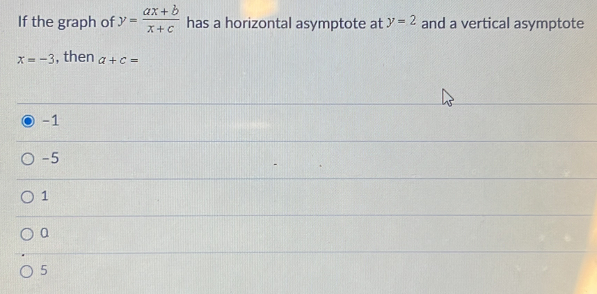 If the graph of y= (ax+b)/x+c  has a horizontal asymptote at y=2 and a vertical asymptote
x=-3 , then a+c=
-1
-5
1
a
5