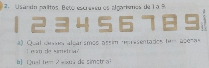 Usando palitos, Beto escreveu os algarismos de 1 a 9.
1 2 3 4 5 6 1 B I 5
a) Qual desses algarismos assim representados têm apenas 
1 eixo de simetria? 
b) Qual tem 2 eixos de simetria?