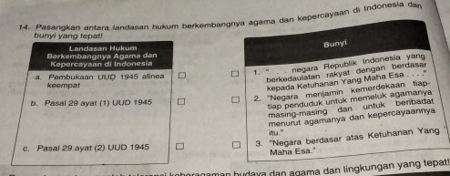 Pasangkan antara landasan hukum berkembangnya agama dan kepercayaan di Indonesia dan
bunyi yang tepat!
Bunyi
Berkembangnya Agama dan Landasan Hukum
Kepercayaan di Indonesia
1. '. . . negara Republik Indonesia yang
a. Pembukaan UUD 1945 alinea
berkedaulatan rakyat dengan berdasar
keempat
kepada Ketuhanan Yang Maha Esa . . . ."
2. "Negara menjamin kemerdekaan tiap
b. Pasal 29 ayat (1) UUD 1945
tap penduduk untuk memeluk agamanya
masing-masing dan untuk benbadat
itu." menurt agamanya dan kepercayaannya
c. Pasal 29.ayat (2) UUD 1945
3. ''Negara berdasar atas Ketuhanan Yang
Maha Esa."
in h udava dan agama dan lingkungan yang tepat