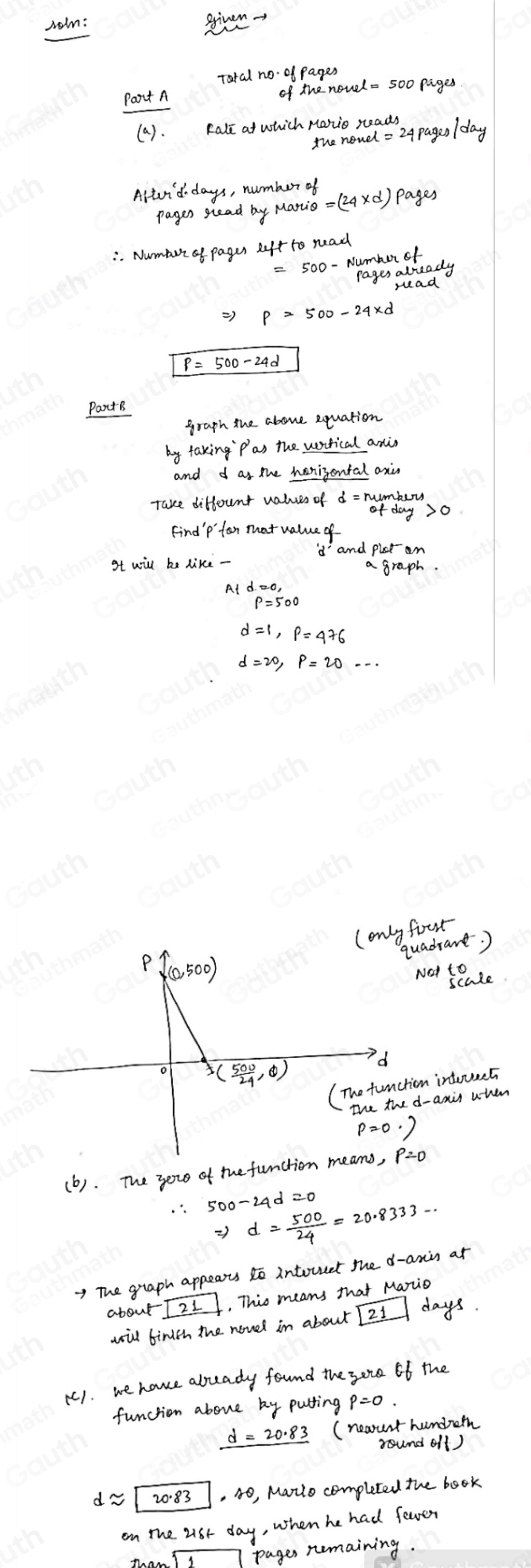 Nolm: given - 
Total no 
Part A nowel = 500 pages 
of x 
Aitviddays, number of =(24* d)pages
pages gread by Maric 
. Numbor of pagur lft to read 
vumber of 
rages alaady 
) 
Pante 
graph the above equation 
by taking pas the wentical ais 
and d as the henigontal axi 
Take diffount values of ruumbery 
Findp fan mat value of 
and plst on 
gt will be like- 
a graph. 
At d. zo,
500
math 
ust 
drant. ) 
ot to 
scald 
interuect 
-anis uhen 
(b). The yeu of the f 
=) d= 500/24 =20.8333·s
7 The graph appears to intoucet the d -axis at 
abou sqrt(21) , This means that Marzio 
will binith the novel in about boxed 21 days. 
(1. we have abuady found the sore of the 
function above by putting p=0. 
(neaunt hundrerh 
round oll ) 
d~ 1 20:83 , 40, Manio completed the book 
on the ust day, when he had fewer
7 pages nemaining.