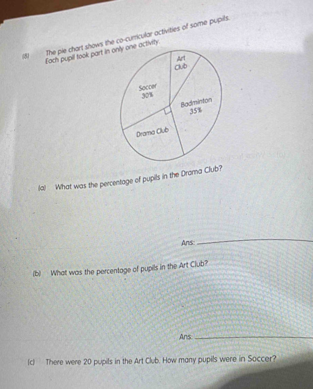 (8) The pie chart shows the co-curricular activities of some pupils. 
Each pupil took part in e activity. 
(a) What was the percentage of pupils in the Drama Club? 
Ans: 
_ 
(b) What was the percentage of pupils in the Art Club? 
Ans:_ 
(c) There were 20 pupils in the Art Club. How many pupils were in Soccer?