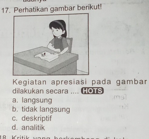 Perhatikan gambar berikut!
Kegiatan apresiasi pada gambar
dilakukan secara .... HOTS
a. langsung
b. tidak langsung
c. deskriptif
d. analitik
18 Kritik van