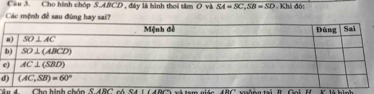 Cho hình chóp S.ABCD , đáy là hình thoi tâm O và SA=SC,SB=SD. Khi đó:
Các mệnh đề sau đúng hay sai?
c
d
Câu 4. Cho hình chóp S.ABC có S4 | ( ABC) và tạm giác ABC vuộng tại B. Goi H K là hình