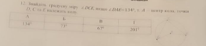 3найліть гралусиу мipy ∠ DCE;яκшο ∠ DAE=134° . т. A πла. τочки
D. С та Ε hа