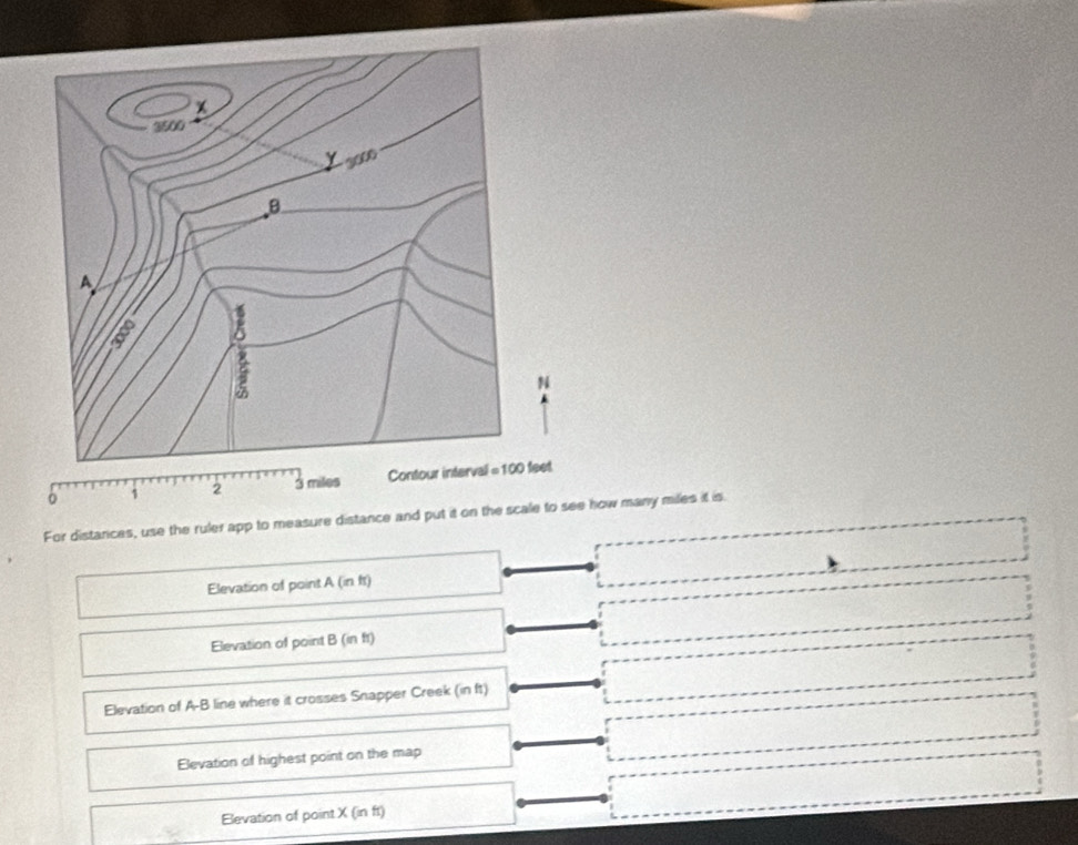 For distarices, use the ruler app to measure distance and put it on the scale to show many miles it is
Elevation of point A (in ft)
Elevation of point B (in ft)
Elevation of A-B line where it crosses Snapper Creek (in ft)
Elevation of highest point on the map
Elevation of pointX (in ft)