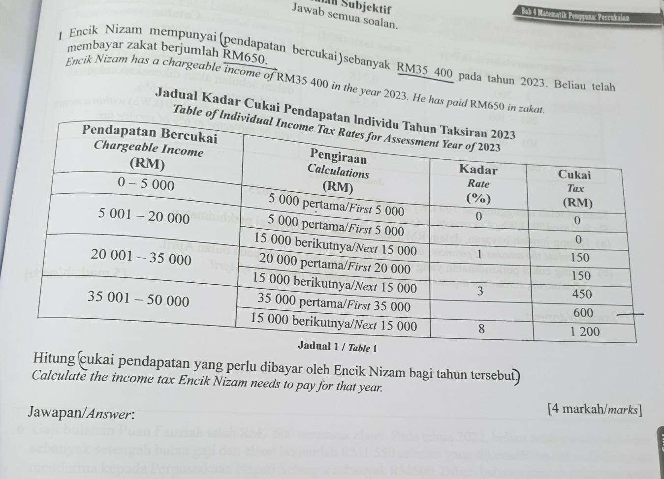 al Sübjektif 
Bab 4 Matematik Pengyuna: Percukaian 
Jawab semua soalan. 
membayar zakat berjumlah RM650. 
1 Encik Nizam mempunyai(pendapatan bercukai)sebanyak RM35 400 pada tahun 2023. Beliau telah 
Encik Nizam has a chargeable income of RM35 400 in the year 2023. He has paid RM650 in zakat 
Jadual Kadar Cukai Pend 
Table 
Hitung (cukai pendapatan yang perlu dibayar oleh Encik Nizam bagi tahun tersebut) 
Calculate the income tax Encik Nizam needs to pay for that year. 
Jawapan/Answer: 
[4 markah/marks]