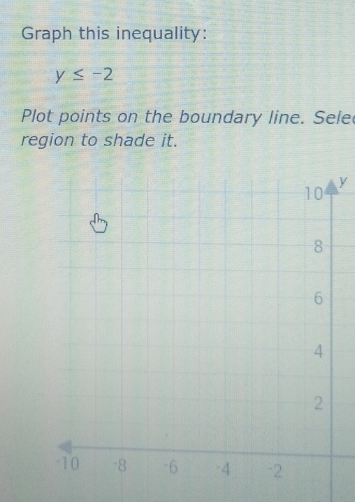 Graph this inequality:
y≤ -2
Plot points on the boundary line. Sele 
region to shade it.
y