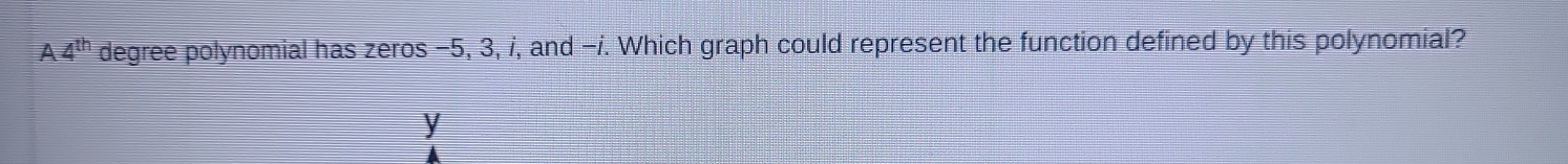 A 4^(th) degree polynomial has zeros −5, 3, i, and -i. Which graph could represent the function defined by this polynomial?
y