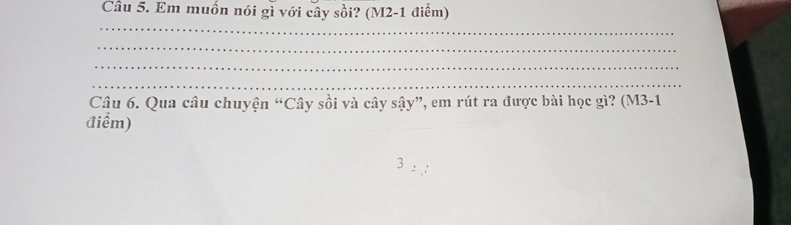 Em muốn nói gì với cây sồi? (M2-1 điểm) 
_ 
_ 
_ 
_ 
Câu 6. Qua câu chuyện “Cây sồi và cây sậy”, em rút ra được bài học gì? (M3-1
điểm) 
_ 
`