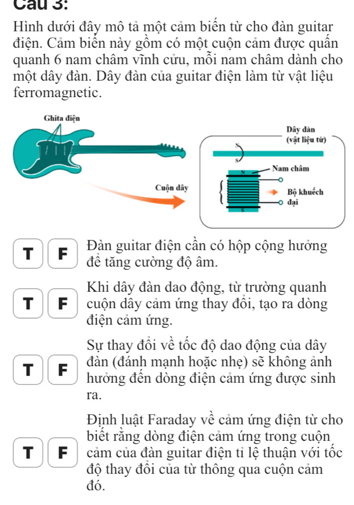 Hình dưới đây mô tả một cảm biến từ cho đàn guitar 
điện. Cảm biến này gồm có một cuộn cảm được quần 
quanh 6 nam châm vĩnh cửu, mỗi nam châm dành cho 
một dây đàn. Dây đàn của guitar điện làm từ vật liệu 
ferromagnetic. 
Dây dàn 
(vật liệu từ) 
Nam châm 
< 
Bộ khuếch 
đại 
Đàn guitar điện cần có hộp cộng hưởng 
T F đê tăng cường độ âm. 
Khi dây đàn dao động, từ trường quanh 
T F cuộn dây cảm ứng thay đổi, tạo ra dòng 
điện cảm ứng. 
Sự thay đổi về tốc độ dao động của dây 
đàn (đánh mạnh hoặc nhẹ) sẽ không ảnh 
T F hưởng đến dòng điện cảm ứng được sinh 
ra. 
Định luật Faraday về cảm ứng điện từ cho 
biết rằng dòng điện cảm ứng trong cuộn 
T F cảm của đàn guitar điện tỉ lệ thuận với tốc 
độ thay đôi của từ thông qua cuộn cảm 
đó.