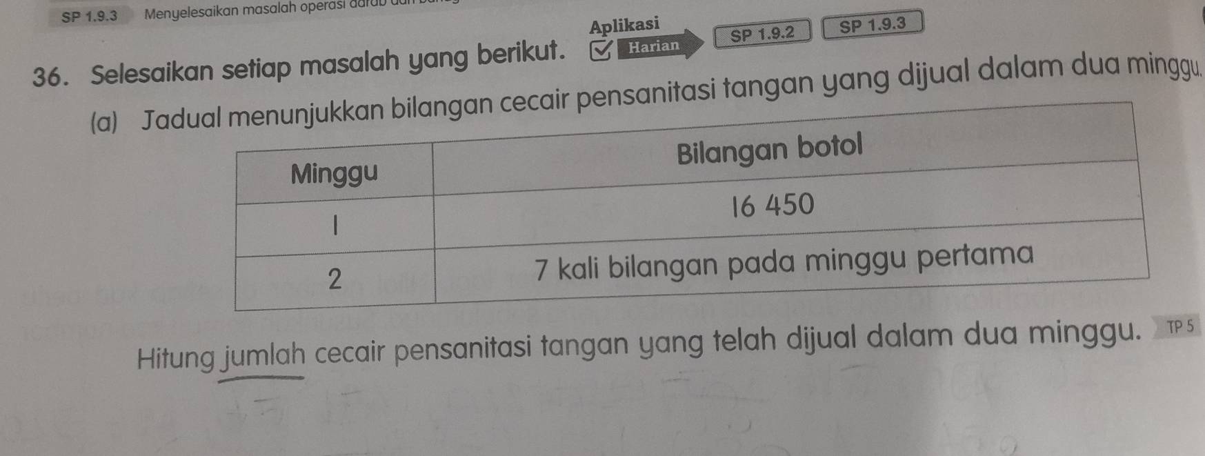 SP 1.9.3 Menyelesaikan masalah operasi darub 
Aplikasi 
36. Selesaikan setiap masalah yang berikut. Harian SP 1.9.2 SP 1.9.3
(a) Jnitasi tangan yang dijual dalam dua minggu. 
Hitung jumlah cecair pensanitasi tangan yang telah dijual dalam dua minggu. æ