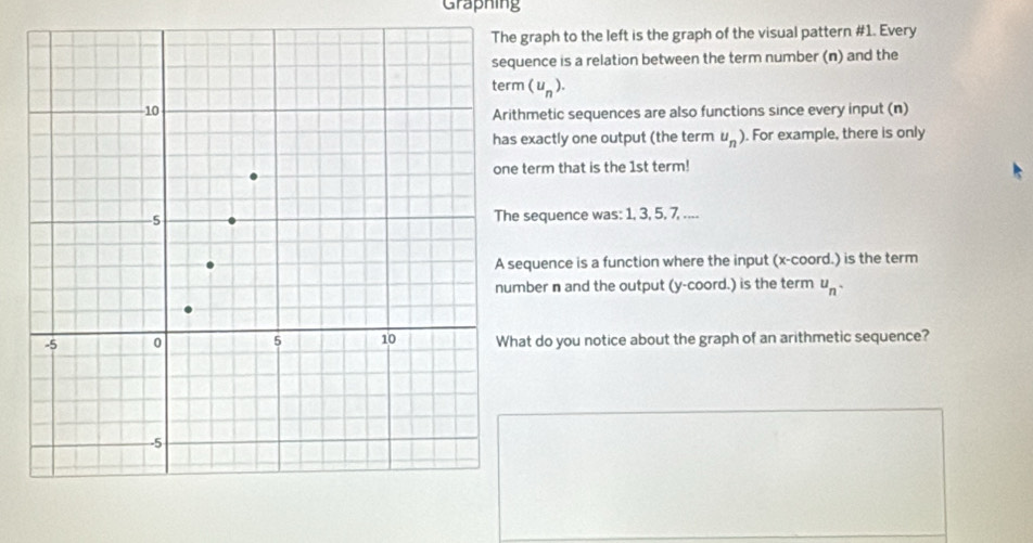 Graphing 
graph to the left is the graph of the visual pattern #1. Every 
uence is a relation between the term number (n) and the 
m (u_n). 
thmetic sequences are also functions since every input (n) 
exactly one output (the term u_n). For example, there is only 
term that is the 1st term! 
sequence was: 1, 3, 5, 7, .... 
equence is a function where the input (x -coord.) is the term 
mber n and the output (y -coord.) is the term u_n·
at do you notice about the graph of an arithmetic sequence?