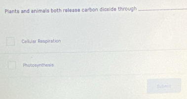 Plants and animals both release carbon dioxide through_
Cellular Respiration
Photosynthesis
Submit