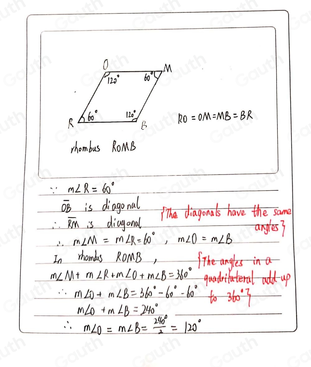Solved: Draw rhombus ROMB with m∠ R=60° and diagonal overline OB. 16 ...
