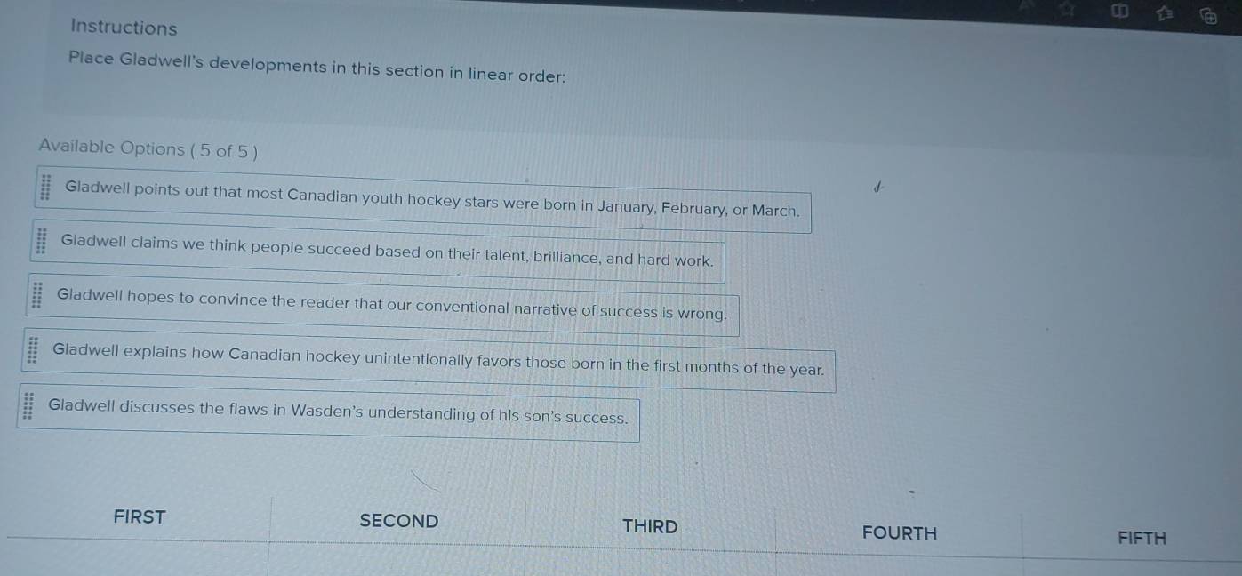 Instructions

Place Gladwell's developments in this section in linear order:
Available Options ( 5 of 5 )
 1 11/11  Gladwell points out that most Canadian youth hockey stars were born in January, February, or March.
:
Gladwell claims we think people succeed based on their talent, brilliance, and hard work.
frac 11511 frac 11 Gladwell hopes to convince the reader that our conventional narrative of success is wrong.
::: 11 12 11 11endarray Gladwell explains how Canadian hockey unintentionally favors those born in the first months of the year.
Gladwell discusses the flaws in Wasden's understanding of his son's success.
FIRST SECOND THIRD FOURTH
FIFTH