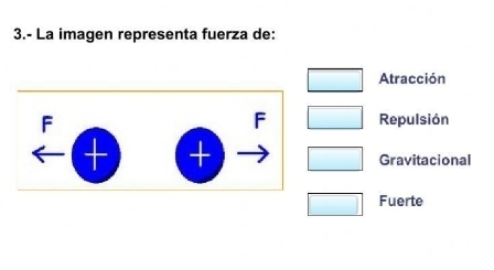 3.- La imagen representa fuerza de:
Atracción
F
F Repulsión
+
Gravitacional
Fuerte