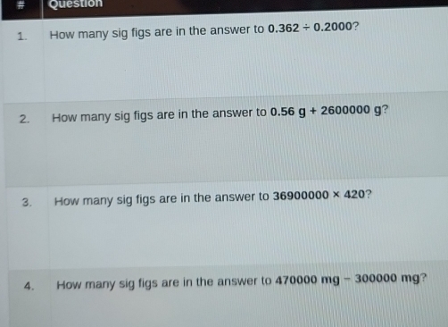 How many sig figs are in the answer to 0.362/ 0.2000 ? 
2. How many sig figs are in the answer to 0.56g+2600000g ? 
3. How many sig figs are in the answer to 36900000* 420 ? 
4. How many sig figs are in the answer to 470000 mg - 300000 mg?