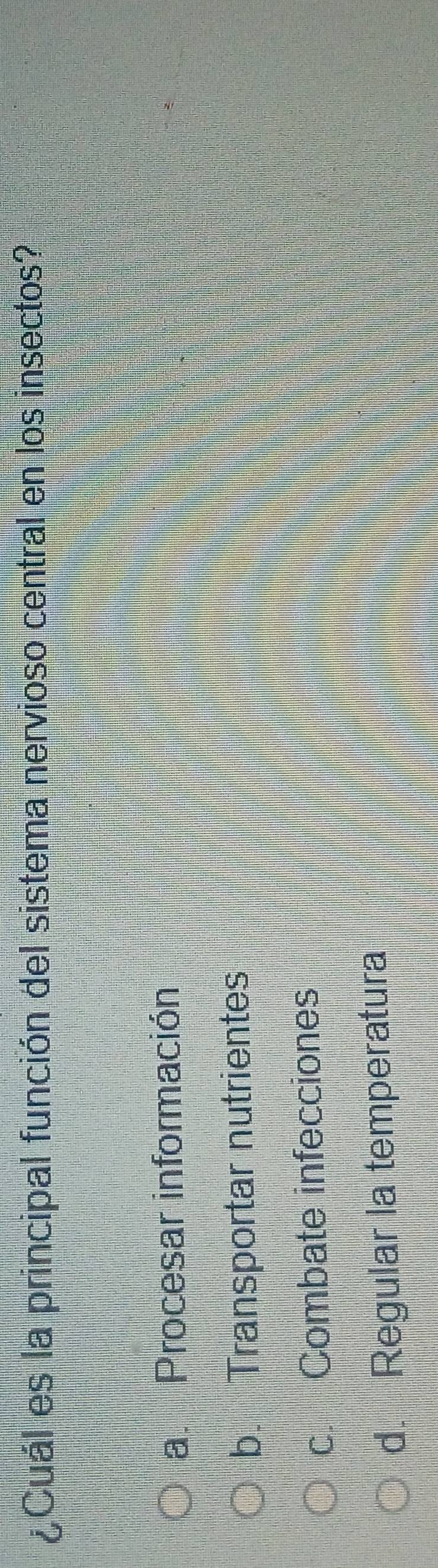 ¿Cuál es la principal función del sistema nervioso central en los insectos?
a. Procesar información
b. Transportar nutrientes
c. Combate infecciones
d. Regular la temperatura
