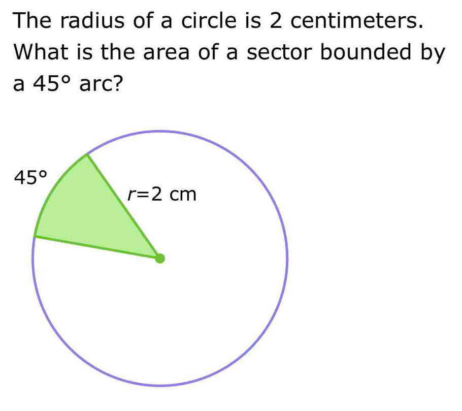 The radius of a circle is 2 centimeters.
What is the area of a sector bounded by
a 45° arc?