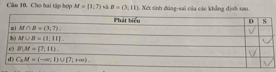 Cho hai tập hợp M=[1;7) và B=(3;11). Xét tính đúng-sai của các khẳng định sau.