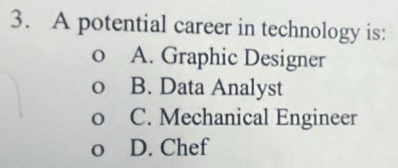 A potential career in technology is:
o A. Graphic Designer
B. Data Analyst
C. Mechanical Engineer
0 D. Chef