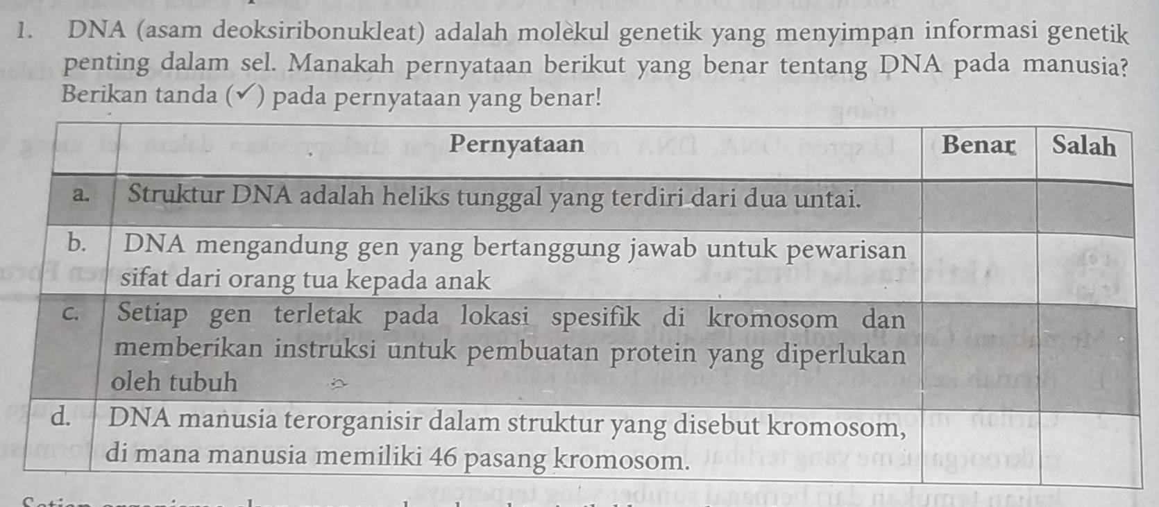 DNA (asam deoksiribonukleat) adalah molèkul genetik yang menyimpan informasi genetik 
penting dalam sel. Manakah pernyataan berikut yang benar tentang DNA pada manusia? 
Berikan tanda (✔) pada pernyataan yang benar!