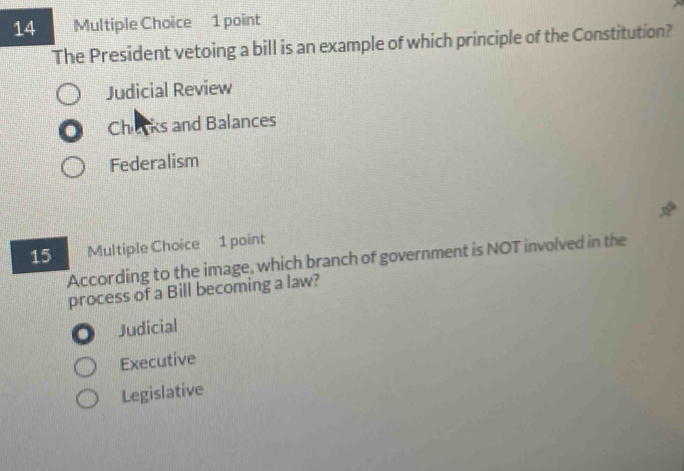 The President vetoing a bill is an example of which principle of the Constitution?
Judicial Review
0 Checks and Balances
Federalism
15 Multiple Choice 1 point
According to the image, which branch of government is NOT involved in the
process of a Bill becoming a law?. Judicial
Executive
Legislative