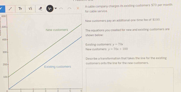 Tr sqrt(± ) A cable company charges its existing customers $70 per month
l 
ble service.
60
customers pay an additional one-time fee of $100. 
, 5/0 
equations you created for new and existing customers are 
n below:
4
ing customers: y=70x
3customers: y=70x+100
ribe a transformation that takes the line for the existing 
2omers onto the line for the new customers.
1
0 1 2 3 4 5 6