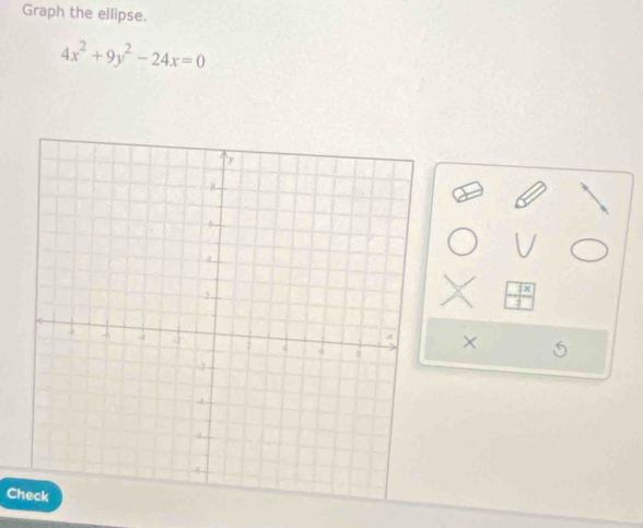 Graph the ellipse.
4x^2+9y^2-24x=0
X
Check