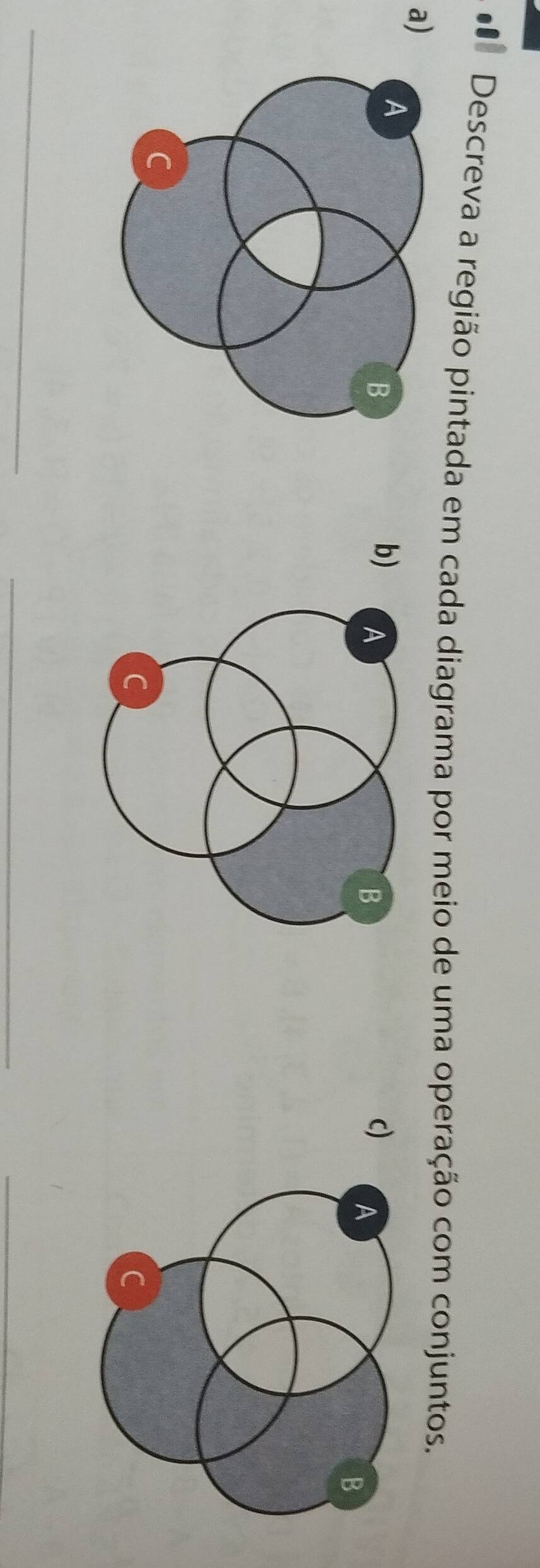 Descreva a região pintada em cada diagrama por meio de uma operação com conjuntos. 
a) 
b)c) 
_ 
_ 
_