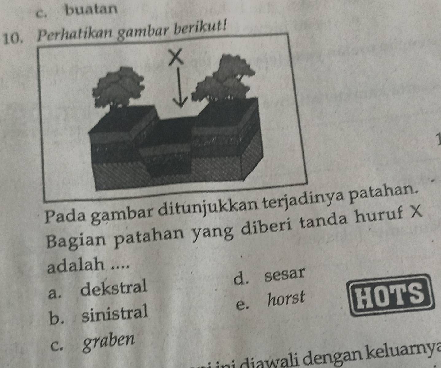 c. buatan
10.n gambar berikut!
Pada gambar ditunjukkan terjya patahan.
Bagian patahan yang diberi tanda huruf X
adalah ....
a. dekstral d. sesar
b. sinistral e. horst
HOTS
c. graben
ni diawali dengan keluarnya