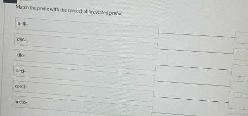 Match the prefix with the correct abbreviated prefix. 
milli- 
deca- 
kilo- 
deci- 
centi 
hecto-