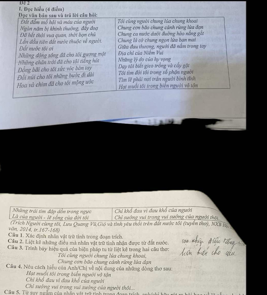 Để 2 
I. Đọc hiểu (4 điểm) 
Những trái tim đập dồn trong ngực Chi khổ đau vì đau khổ của người 
Là của người - lẽ sống của đời tôi Chỉ sướng vui trong vui sướng của người thôi 
(Trích Người cùng tối, Lưu Quang Vũ,Gió và tình yêu thổi trên đất nước tôi (tuyển thơ), NXB Hộu 
văn, 2014, tr. 167 - 168) 
Câu 1. Xác định nhân vật trữ tình trong đoạn trích. 
Câu 2. Liệt kê những điều mà nhân vật trữ tình nhận được từ đất nước. 
Câu 3. Trình bảy hiệu quả của biện pháp tu từ liệt kê trong hai câu thơ: 
Tôi cùng người chung lúa chung khoai, 
Chung cơn bão chung cánh rừng lửa dạn 
Câu 4. Nêu cách hiểu của Anh/Chị về nội dung của những dòng thơ sau: 
Hạt muối tôi trong biển người vô tận 
Chỉ khổ đau vì đau khổ của người 
Chi sướng vui trong vui sướng của người thôi... 
Câu 5. Từ suy ngẫm của nhân vật trữ tình trong đoạn trích, anh(nhi