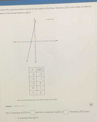 nswer the questions below based on the graph of the linear function f(x) and a table of selected
alues of the linear function g(x).
Note: for a and y-anerrepts, write only a mumber, not a paint.
Answer Anmps 1 9t ed G
The x-intercept of f(x) is □ and the z-intercept of g(x) is □ Therefore f(x) has a
x-intercept than g(x).