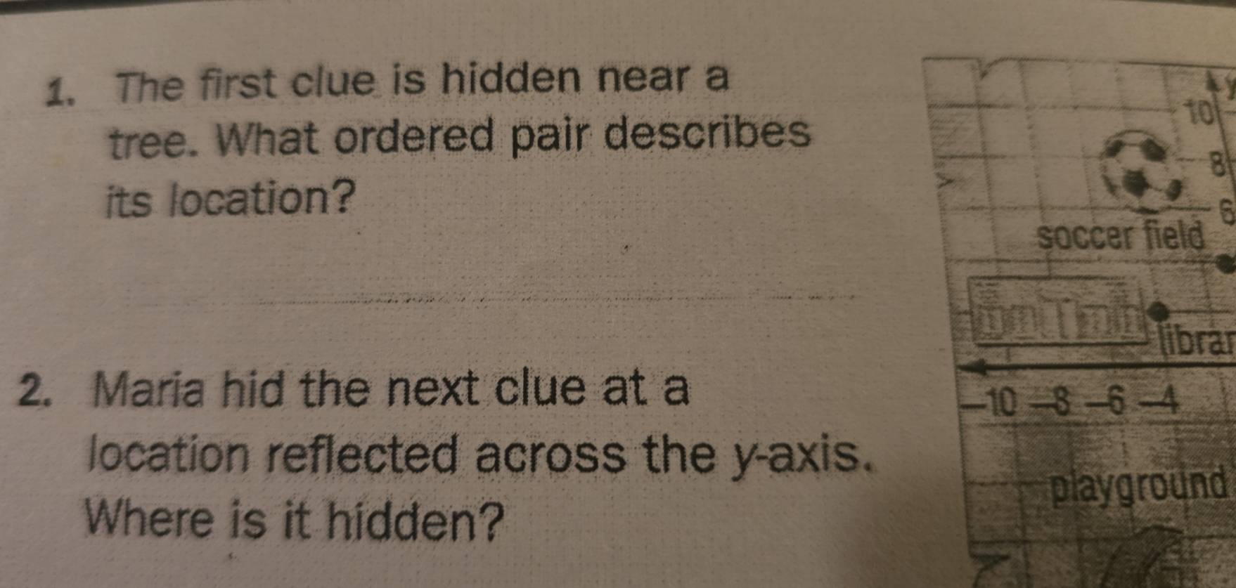 The first clue is hidden near a 
tree. What ordered pair describes
10
8
its location?
6
soccer field 
librar 
2. Maria hid the next clue at a
-10 -8 -6 -4
location reflected across the y-axis. 
playground 
Where is it hidden?