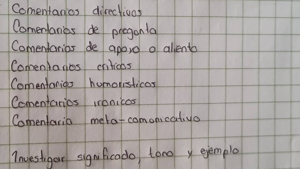 Comentanios directioos 
Comenlarios de pregonta 
Comentarios de aporo o aliento 
Comentanos crilicos 
Comentanies humoristicos 
Comentanios ironicos 
Comenfario meta-comonicativo 
Inuestigar significado tono eemple